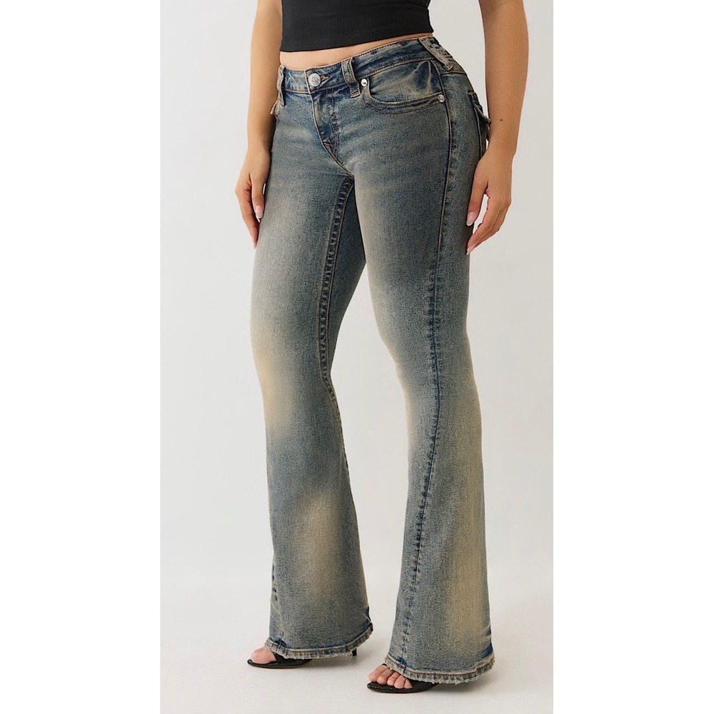 True Religion Joey Mid Rise Flare Luxury Denim Jeans Women's Size 27 Distressed